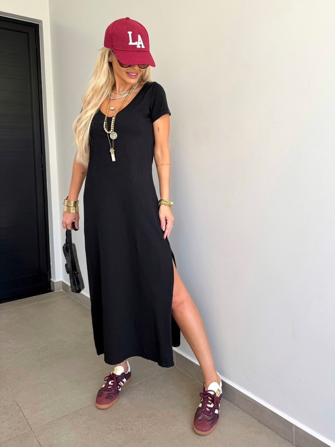 Vestido Midi V Manga Curta Preto